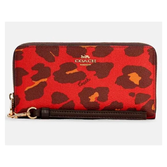 S Coach Long Zip-Around Wallet Red Leopard Wristlet Cheetah C6428 Leopardo - Picture 1 of 10